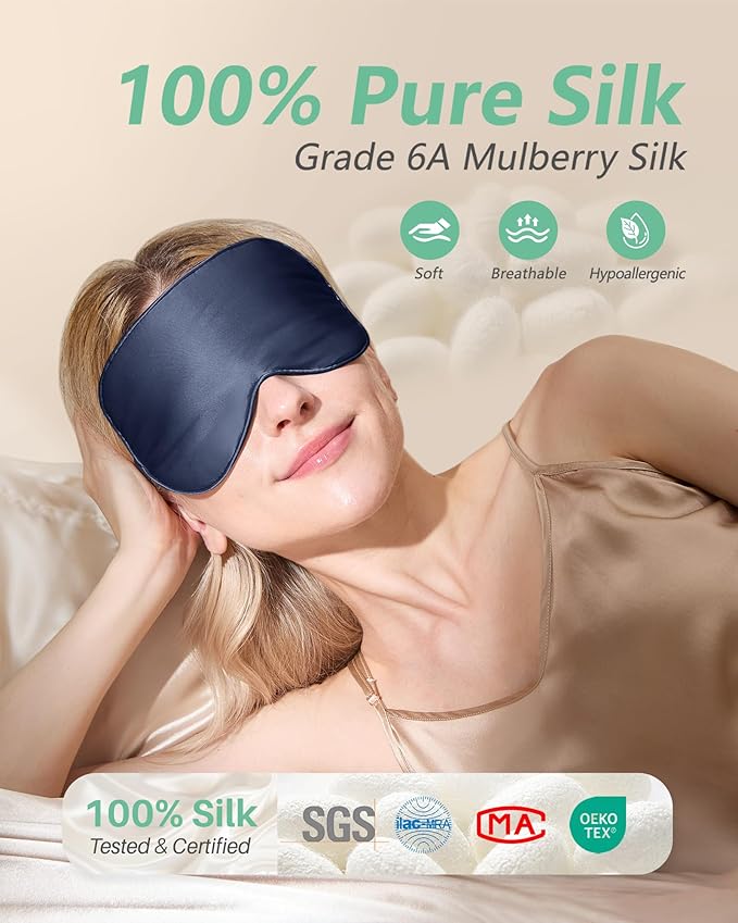 BeeVines 100% Real Mulberry Silk 2 Pack Sleep Mask, Pure Silk Eye Masks with Adjustable Strap for Sleeping, 100% Block Light Eye Sleep Shade Cover, Reduces Puffy Eyes Traveling Gifts(Black & Blue)