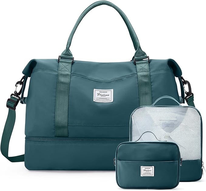 Weekender Bags for Women,Travel Duffle Overnight Bag with Shoe Compartment,Personal Item Carry On Bag,Peacock Blue,Extra Large,3 Pcs Set