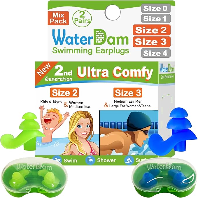 WaterDam Swimming Ear Plugs - Ultra Comfy Waterproof Earplugs Prevent Swimmer's Ear (Small & Large, Green & Blue)