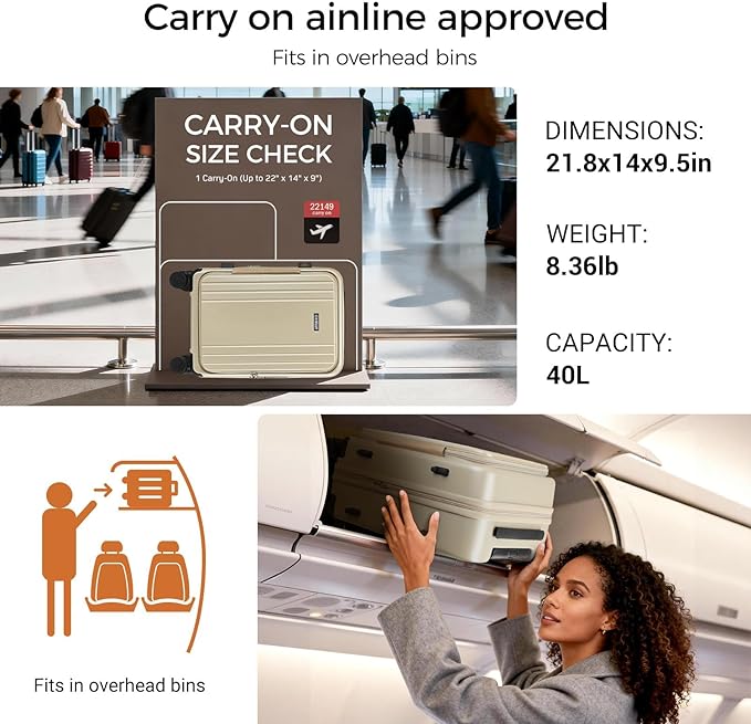 Carry On Luggage Top Opening with Cup Holder & Phone Holder, Expandable PC Hard Shell Suitcase, USB Charging Port, Side Hook, 360° Spinner Wheels, TSA Lock & YKK Zippers for Women Man Gifts