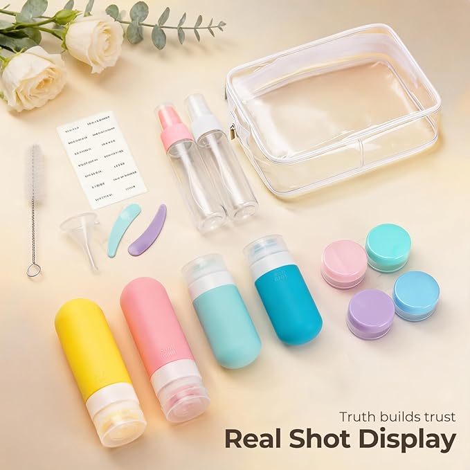 17 Pack Dopamine Color Travel Bottles for Toiletries, TSA Approved Leak Proof Silicone Travel Containers for Toiletries with Label