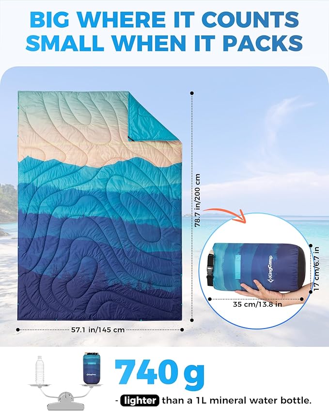ingCamp Ultralight Camping Blanket, Packable Down Alternative Puffy Printed Wearable Blanket with Snap Buttons & Corner Loops Weatherproof Quilt for Outdoor Travel Stadium (78.7" x 57.1", Cyan/Orange)
