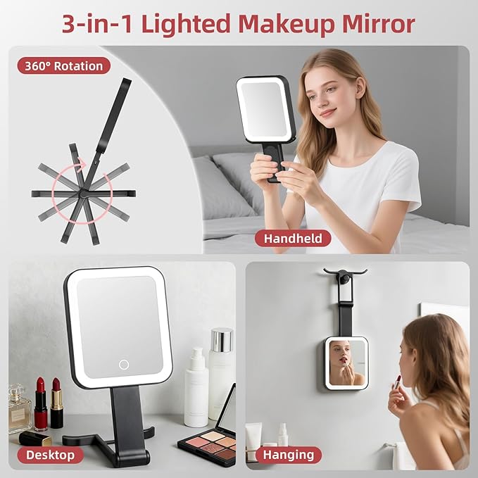 Travel Mirror with Lights, Rechargeable Magnifying Mirror 10X/1X Double-Sided, 3 Color Lighting, Smart Touch Dimming, Precision Tweezers, Lighted Makeup Mirror for Desk, Trip, Office (10.3"x5.2")