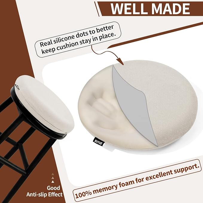 BUYUE Memory Foam Seat Cushion, Dia 15" Soft Velvet Round Stool Cushion Anti-Slip Chair Pads, M, Light Grey