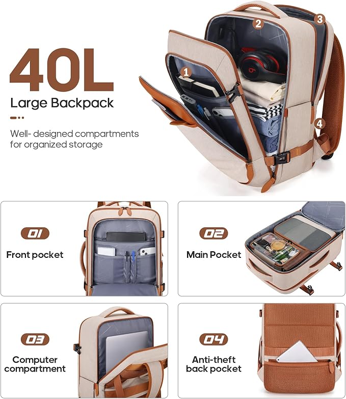 UKEIN Luggage Sets 3 Piece, PC Hardside Large Luggage 24Inch With Spinner Wheels with TSA Lock, Carry On Suitcase Set With Travel Backpack for Men (Beige, 3 piece set (24inch))