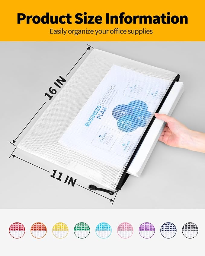 SUNEE Plastic Mesh Zipper Pouch 11x16 in (9 Colors, 18 Packs),Extra Large Water-Resistant Zip Bag for School Office Supplies, Puzzles & Games Organizing Storage