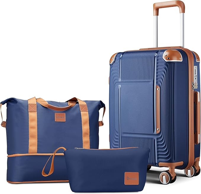 3 Piece Carry On Luggage Set with Expandable Duffel & Toiletry Bag, 20 Inch Hardshell Suitcase with YKK Zippers & Reinforced Corner Guards, Lightweight Spinner Wheels with TSA Lock (Navy Blue)