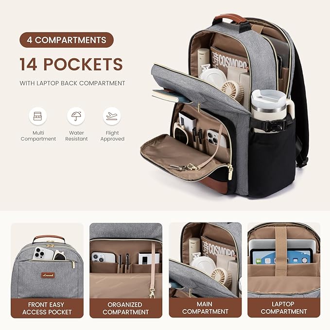 LOVEVOOK Laptop Backpack for Women with Pouch Pocket for Large Capacity Cup,15.6 Inch Teacher Nurse College Work Backpack Purse,Waterproof Laptop Bag Computer Back Pack for Travel, Grey-Black-Brown