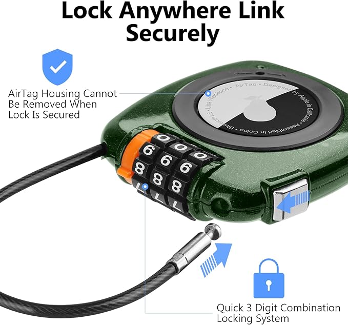 Compatible with Apple AirTag Secure Lock with Wire Cable, 3-Digit Combination Luggage Locks, Alloy Body Ultra Durable Anti-Lost Protective Case for Luggage, Suitcase (Green*2)