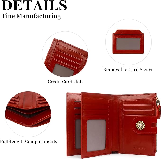 Leather Wallet Women,RFID Blocking Womens Wallet Bifold Compact Card Holder Small Wallet for Women with Removable ID Window Winered