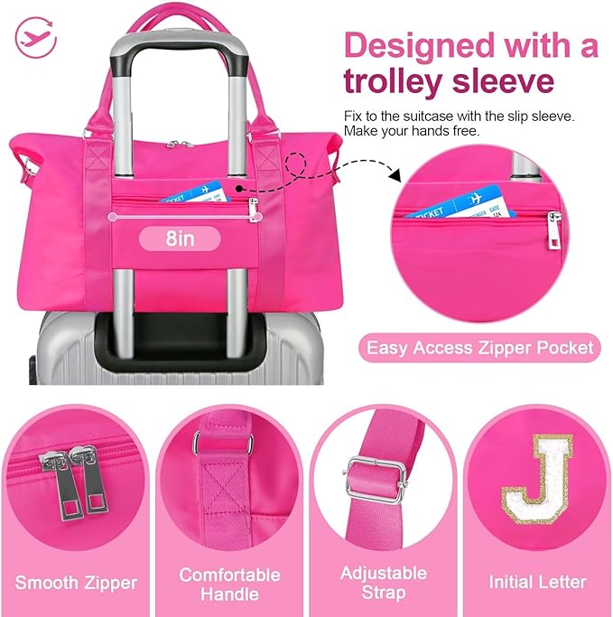 Dance Gym Duffel Bag for Teen Girls, Personalized Initial Travel Weekender Bag,Cute Overnight Carry On Duffle for Women,Sports Travel Cheer Bag,Monogram Christmas Gifts for Tween Preppy(rosered-J)