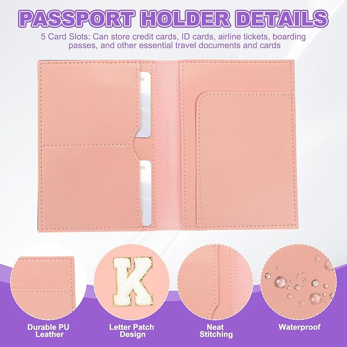 PATIKIL Passport Holder for Travel, Initial Passport Cover and Luggage Tag Set with Alphabet Chenille Letter Patch Travel Wallet Bag Suitcase Identifier for Women Family Travel Pink K