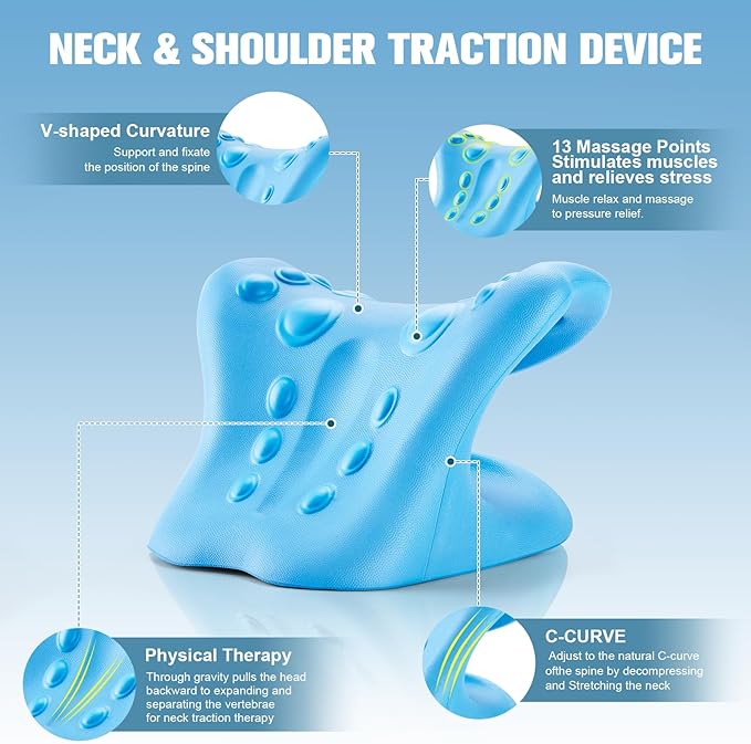 Neck Stretcher and Cervical Traction Device, Relaxer for TMJ Pain and Shoulder Pain Relief, Cervical Traction Device Pillow, Spine and Neck Corrector(Blue)