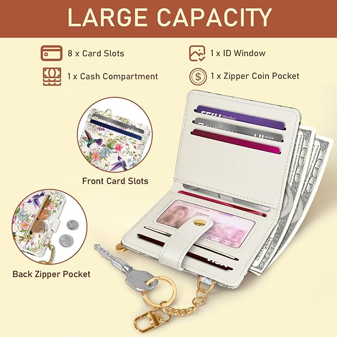 Jogjam Hummingbird Bird Rfid Women Wallet, Small Slim Thin Compact Credit Card Wallet, PU Leather Bifold Cash Wallet, Zipper Coin Pocket ID Window, Female Ladies Girl Gifts