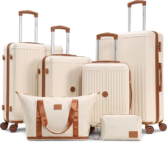Hoteel Luggage Sets 6 Piece ABS+PC Hardside, 4-Year Warranty, Luggage Set with Spinner Wheels, TSA Lock, Lightweight Carry on Luggage, 16"/20"/24"/28" Suitcase with Duffel & Organizer, Beige