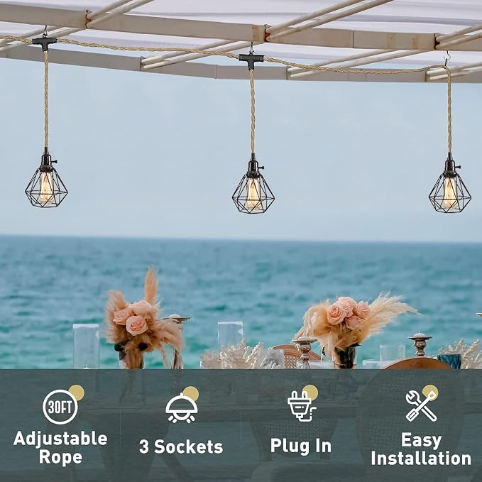 3-Light Hanging Light with Plug in Cord,Plug in Pendant Light 22ft Hemp Rope Pendant Lighting Vintage 3-Light Hanging Lamp Fixtures for Kitchen Island Living Room Bedroom