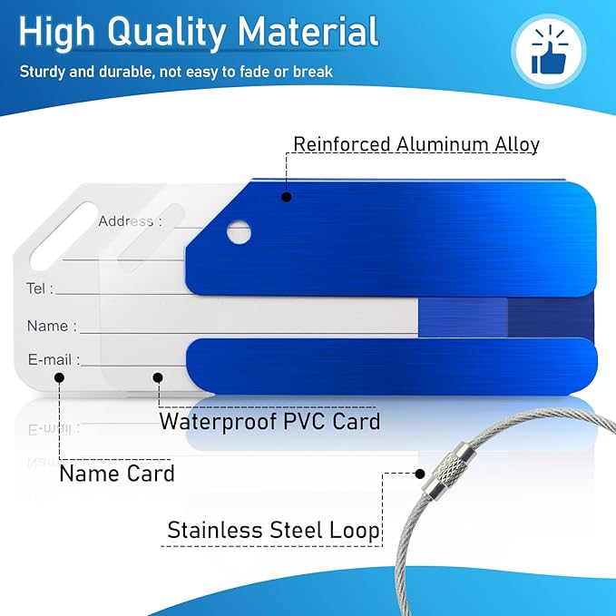 8 Pack Aluminum Luggage Tags for Suitcases with Name ID Card, Durable Luggage Name Tags Identifier, Travel Tags for Luggage Baggage