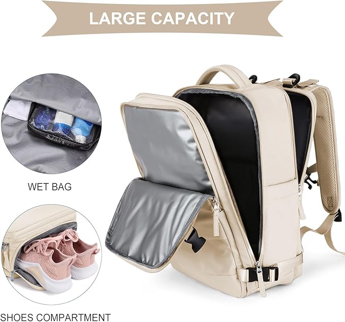 coowoz Large Casual Travel Backpack For Women Men,Carry On Rucksack Flight Approved,Hiking Waterproof Outdoor Sports Daypack Fit 15.6 Inch Laptop Shoes Compartment (Beige)