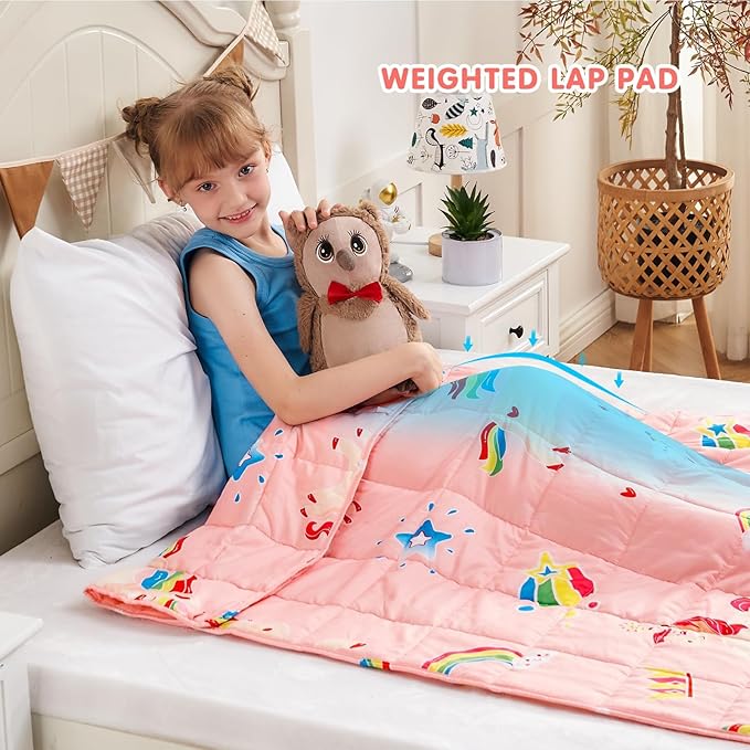 yescool Unicorn Weighted Blanket 7 Pounds Cooling Weighted Lap Blanket, Pink Rainbow Heavy Blanket, Breathable Weighted Throw Blanket Gifts for 60-80lbs, 40"x60"