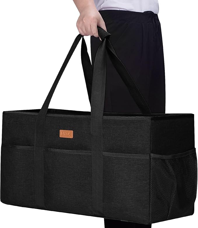 LHZK Stand Up Extra Large Utility Tote Bag with Lid, Utility Tote Bag with Metal Wire Frame and the Sides Rinforced, Reusable Grocery Bags Foldable, Beach Bag, Car Tote (Black)