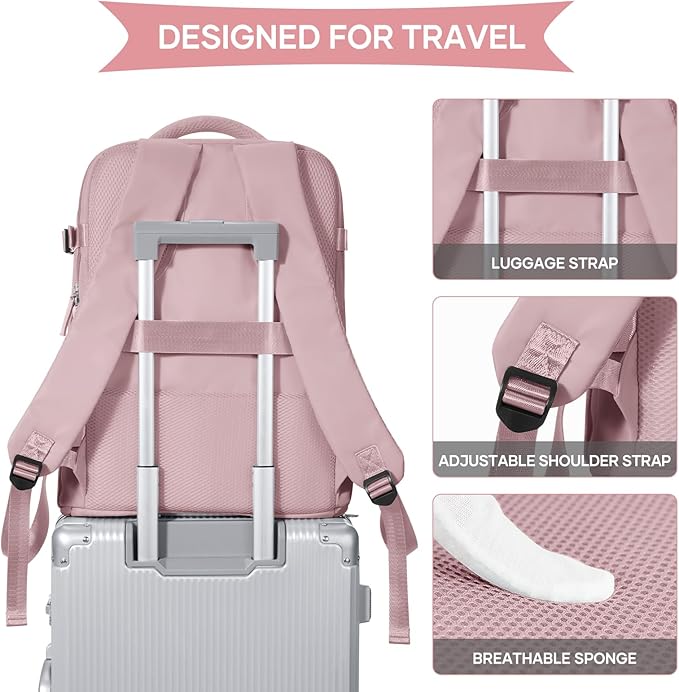coowoz Large Travel Backpack For Women Men,Carry On Backpack Flight Approved,Hiking Backpack Waterproof Outdoor Rucksack Casual Daypack Fit 15.6 Inch Laptop Shoes Compartment (Pink Purple-L)