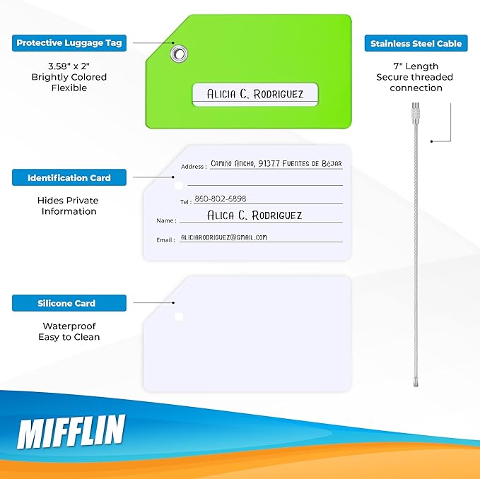 Mifflin-USA Silicone Luggage Tags (Green, 2 Pack) with Plane Embedded Design & Name ID Card; Bright Colors to Quickly Find Your Bag