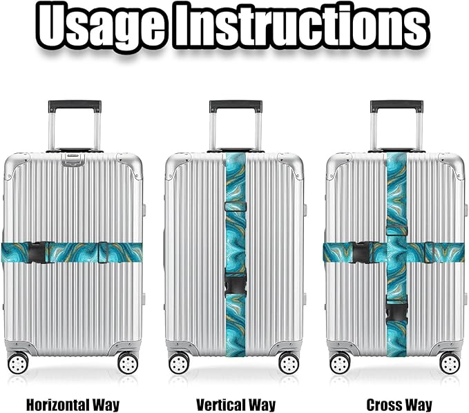 Nuxovilar Luggage Straps Teal Gold Marble Polyester 1.96x90.5inch 2 Set Suitcase Cargo Strap Travel Tool Adventure Trip Beach Resort City Tour