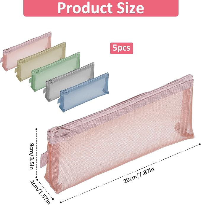 5 Pcs Mesh Cosmetic Bags 7.9" x 3.5" Nylon Mesh Pouch with Zipper, Multi-Color Zipper Makeup Bags Travel Organizer Pouch Case for Travel Office Home Makeup Brushes, Small Items