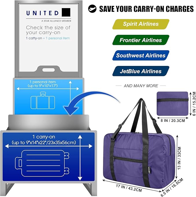 Foldable Travel Duffle Bag, Airlines Approved Carry On Bag Weekender Overnight Bag for Men Women, 23L (Purple)