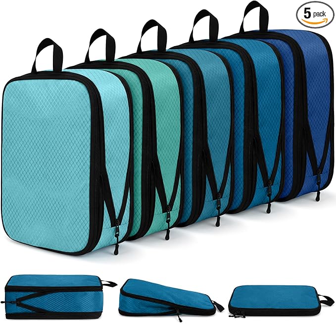 5 Pack Compression Packing Cubes for Travel Space Saving Cubes Luggage Organizer for Suitcase(Blue,M)