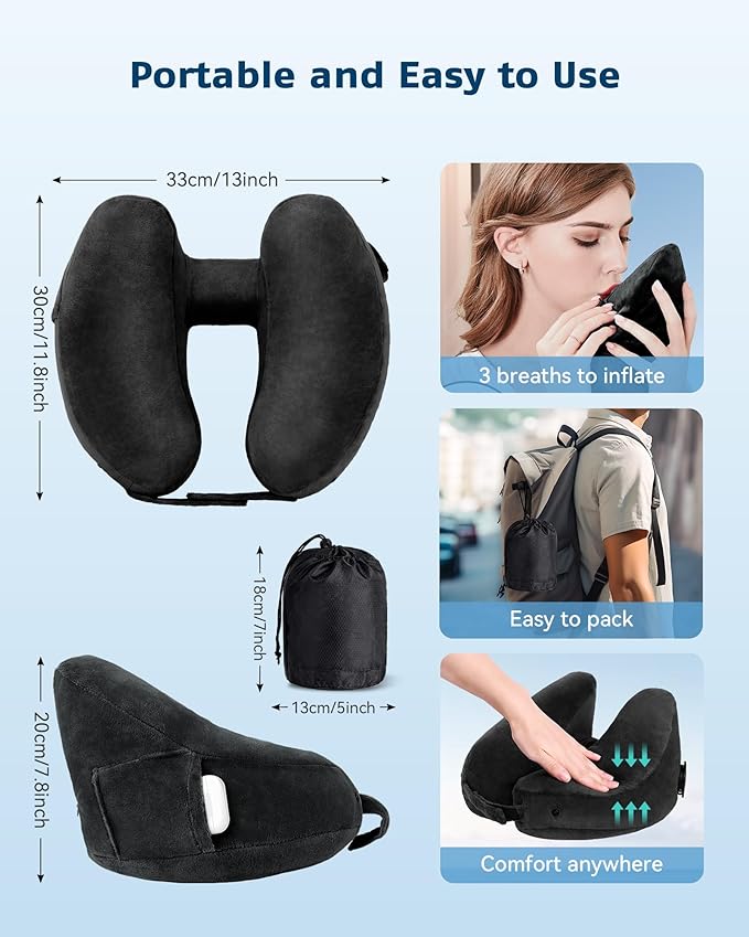 Travel Pillow Inflatable Neck Pillow Airplane Pillow with Velvet Cover Inflatable Pillow for Car/Train/Plane (Black, M)