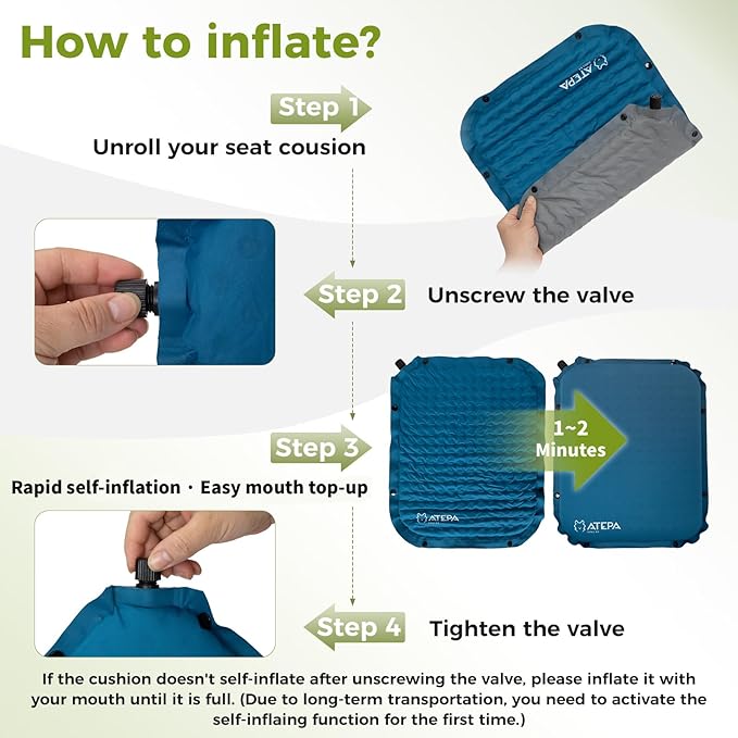 ATEPA Inflatable Seat Cushion, Self-Inflating Portable Stadium Airplane Travel Foam Cushion Pad for Camping, Sports Events, Outdoor