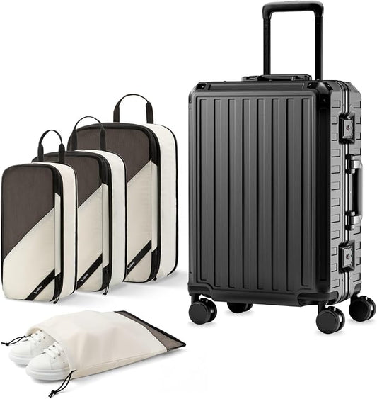 LUGGEX Carry On Luggage with Spinner Wheels, 8010S Aluminum Frame Zipperless Polycarbonate Hard Shell Suitcase with Packing Cubes and Shoe Bag (ZX-Core, Black, 21 Inch)