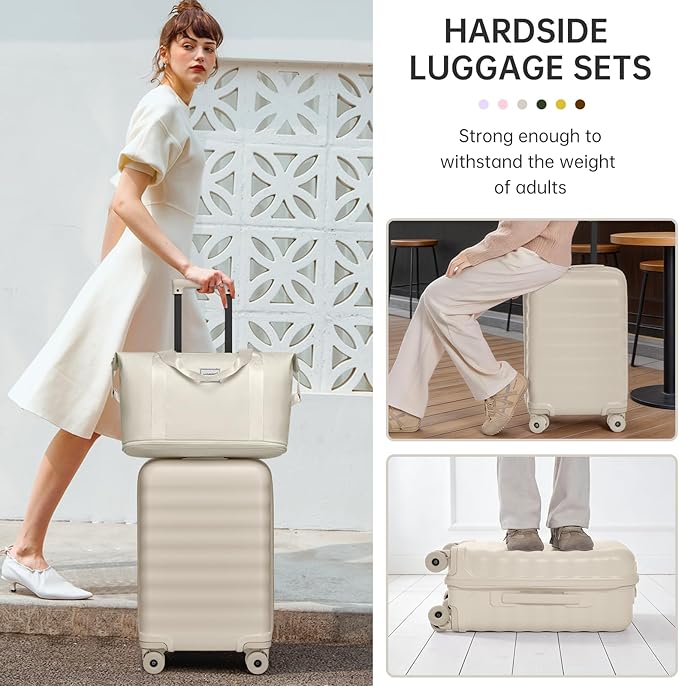 Luggage Sets 3 Piece, Carry On Luggage 22x14x9 Airline Approve PC Hardside Suitcase Set with Wheels TSA Lock, Durable Carry-On Suitcase with Duffel Bag for Women (Oysters)