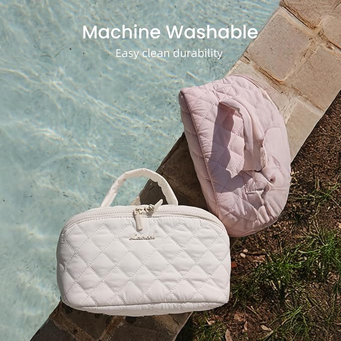 LOVEVOOK Travel Makeup Bag for Women, 2Pcs Puffer Waterproof Cosmetic Organizer, Large Capacity Pouch Open Flat Small Toiletry Bag with Brush Compartment & Handle (Off-white, Medium)