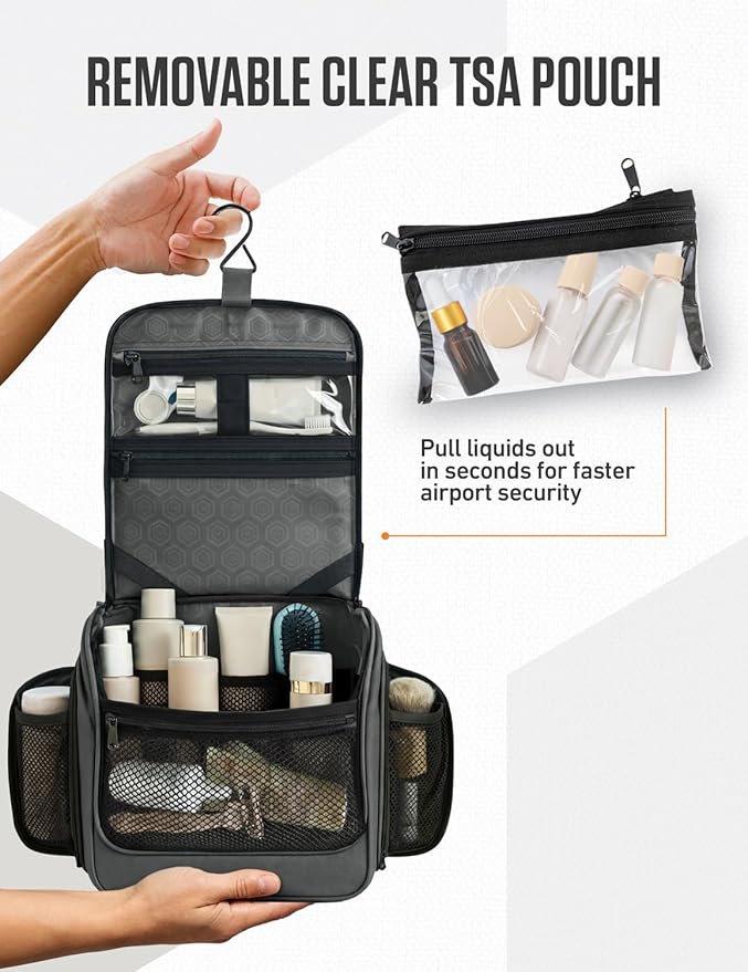 VENTURE 4TH Hanging Travel Toiletry Bag for Women & Men – Large Toiletry Organizer with 18 Compartments, Removable TSA Pouch, Travel Wash Bag for Toiletries, Makeup & Shaving Kit (Shadow Gray)