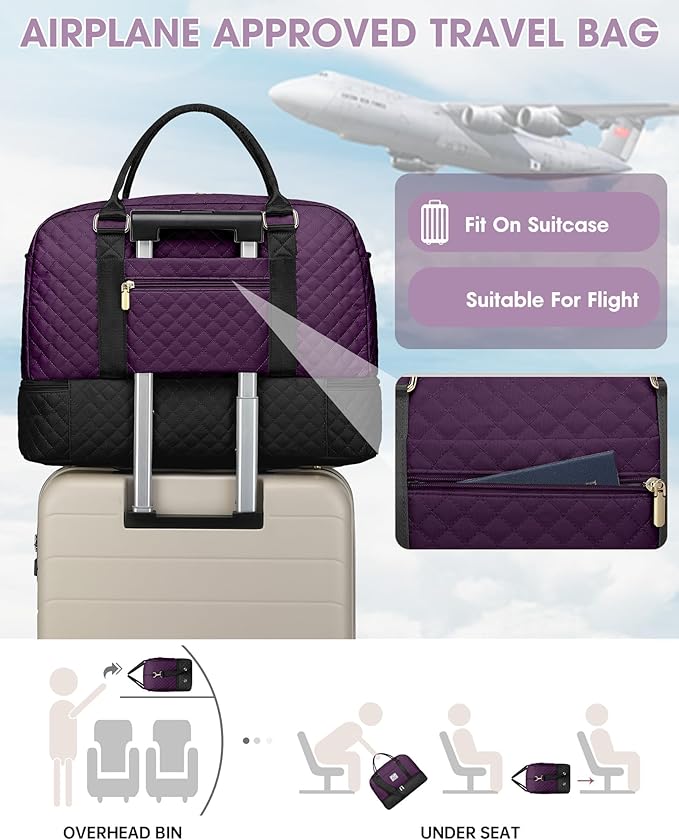 Weekender Bags for Women Travel Bag - Duffle Bag with Shoe Compartment Carry on Overnight Bag for Women Hospital Bags for Labor and Delivery 2Pcs Set Black Purple