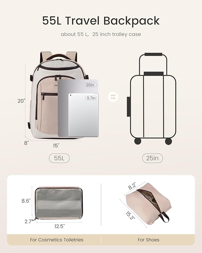 LOVEVOOK 50L Travel Backpack for Women & Men,Airline Approved Carry On Backpack with 3 Packing Cubes,TSA Waterproof Personal Item Bag, Weekender Overnight Essentials Backpacks fits 20" Laptop