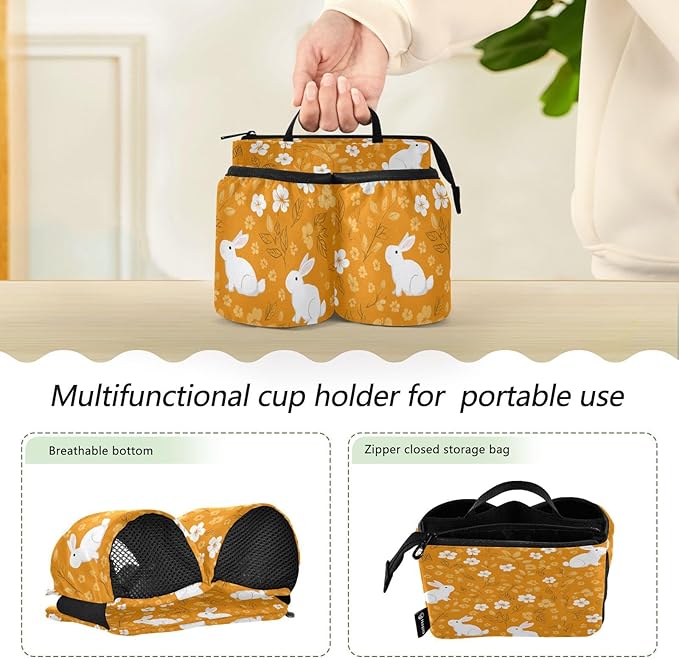 Luggage Cup Holder for Suitcases Free Hands Travel Cup Holder Portable Suitcase Cup Drink Holder Luggage Cup Caddy Bag Carrier White Flowers Bunny Orange Leaf