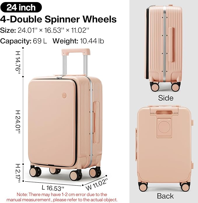 mixi Large Checked Luggage with Cup Phone Holder and Charger Hard Shell Suitcases with Spinner Wheels, 24 Inch Light Pink