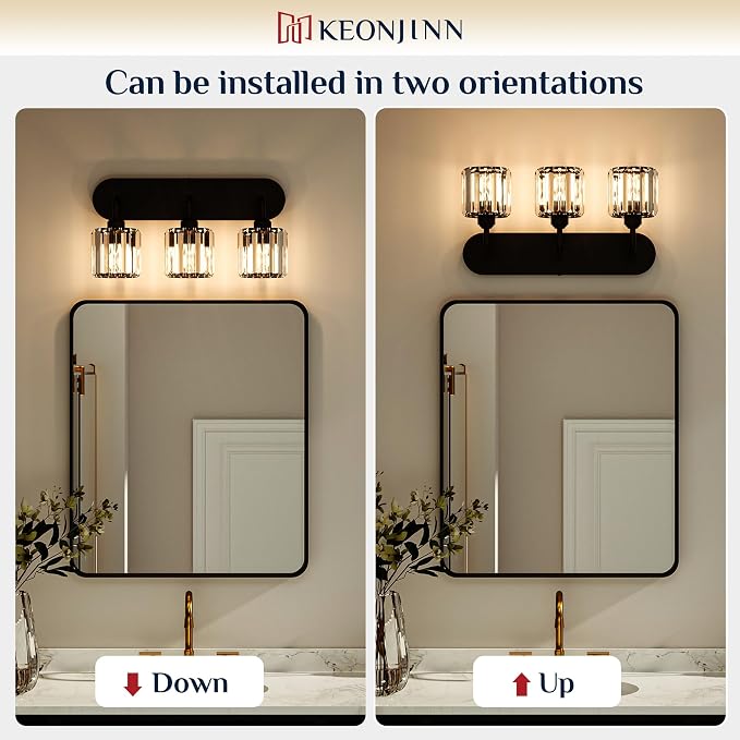 Keonjinn 2-Light Bathroom Light Fixtures Over Mirror, Crystal Black | Bathroom Vanity Lighting Fixture with Crystal Square Shades, Dimmable, Compatible with E26 Base LED Bulbs (Exclude Bulb)