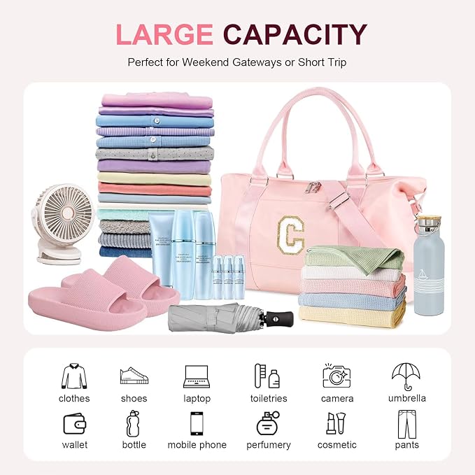 Dance Gym Duffel Bag for Teen Girls, Personalized Initial Travel Weekender Bag,Cute Overnight Carry On Duffle for Women,Sports Travel Cheer Bag,Monogram Christmas Gifts for Tween Preppy(pink-C)
