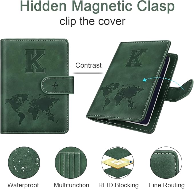 Personalized K Passport Holder Cover Initial Letter Travel Wallet RFID Blocking Passport Cover Credit Card Holder Case Passport Book Holders for Women and Men, Pine Green-K