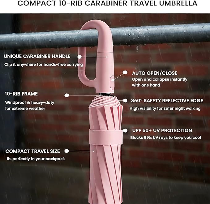 SIEPASA Travel Umbrella with Carabiner Handle - Windproof 10 Ribs Auto Open/Close for Rain & Sun Protection, Compact Portable Clip-on Backpack Design with Safety Reflective Strip.