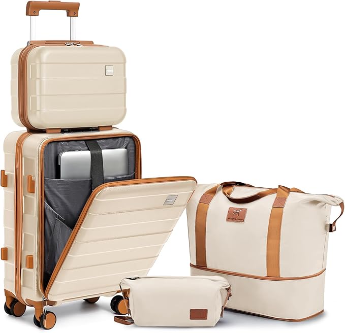 imiomo Carry on Luggage Airline Approved with Front Pocket and USB Port, Hard Shell 20 Inch Travel Carry-on Suitcase with Spinner Wheels and TSA Lock, White Brown
