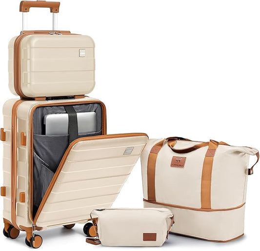 imiomo Carry on Luggage Airline Approved with Front Pocket and USB Port, Hard Shell 20 Inch Travel Carry-on Suitcase with Spinner Wheels and TSA Lock, White Brown