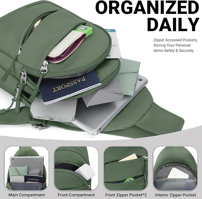 Tuwubi Crossbody Bags for Women, Sling Bag for Men, Small Hiking Backpack Anti Theft Lightweight for Outdoors Travel （M, Sage Green）