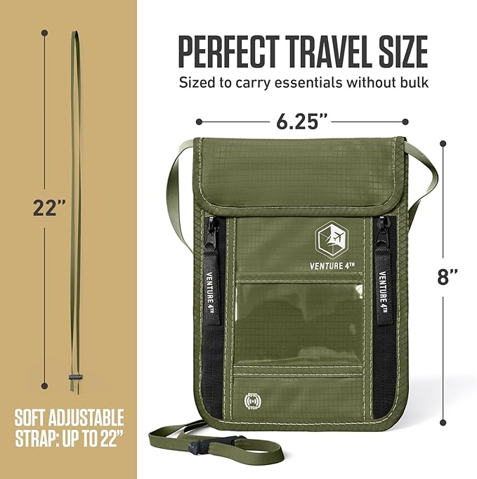 VENTURE 4TH Neck Wallet for Women & Men – RFID Blocking Passport Holder for Travel, Hidden Neck Pouch with 6 Compartments, Slim Lightweight Travel Organizer with Adjustable Strap (Green)