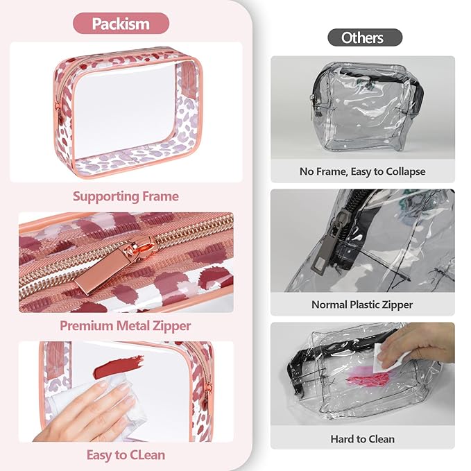 F-color TSA Approved Toiletry Bag 3 Pack Medium - Clear Makeup Bag Travel Quart Size for Women Men, Clear Cosmetic Bag Airport Airline Compliant Carry on Bag, Leopard Print