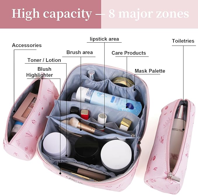 BOYATU Travel Makeup Bag Cosmetic Bags for Women: 3 Pcs Set Portable Make up Bag with Handle - PU Leather Toiletry Bags with Compartments - Makeup Organizer for Travel Essentials(L-5-Pink)